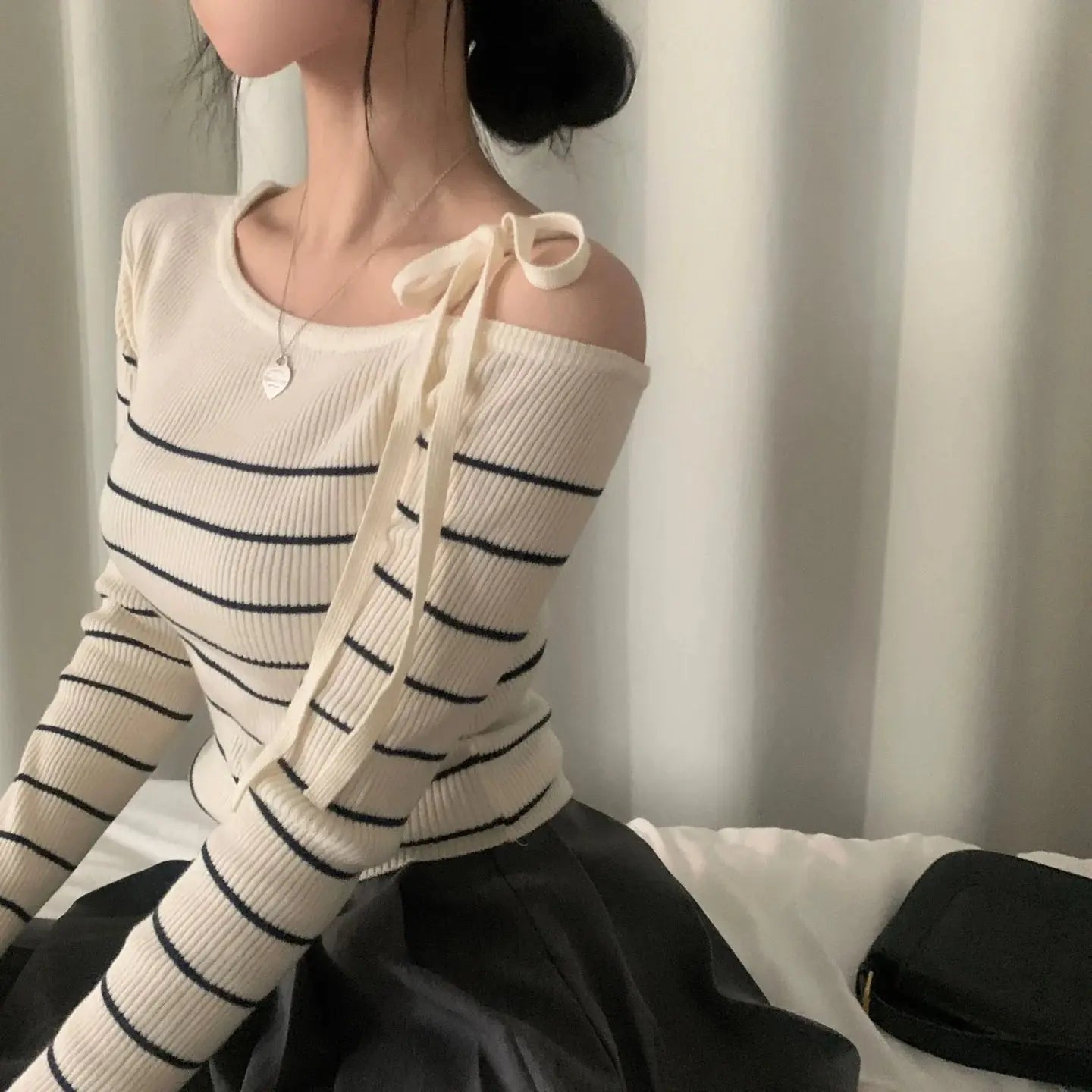 2026 New Women's Elegant Off-Shoulder Sweater T-Shirt Black White Striped with Adjustable Lace-Up Fall Winter Casual Chic Top luxecrown.co.uk