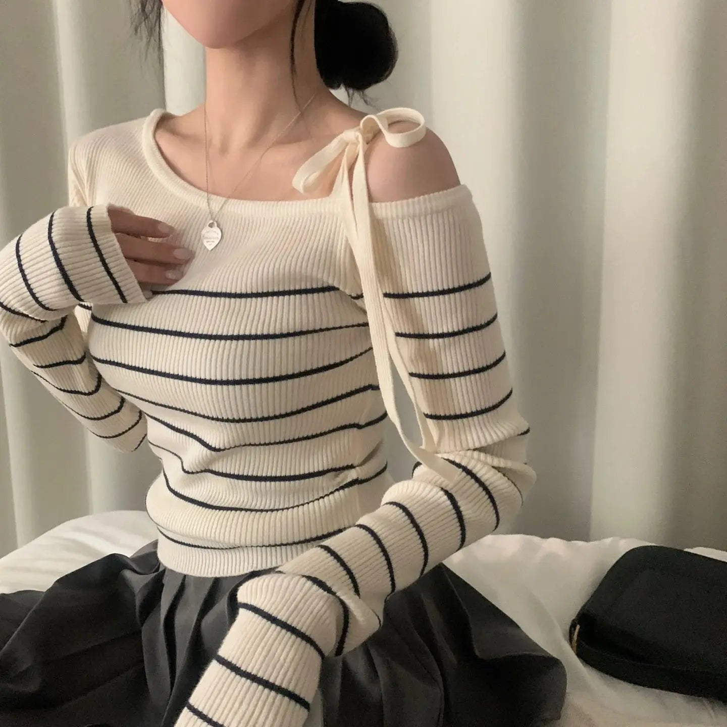 2026 New Women's Elegant Off-Shoulder Sweater T-Shirt Black White Striped with Adjustable Lace-Up Fall Winter Casual Chic Top luxecrown.co.uk