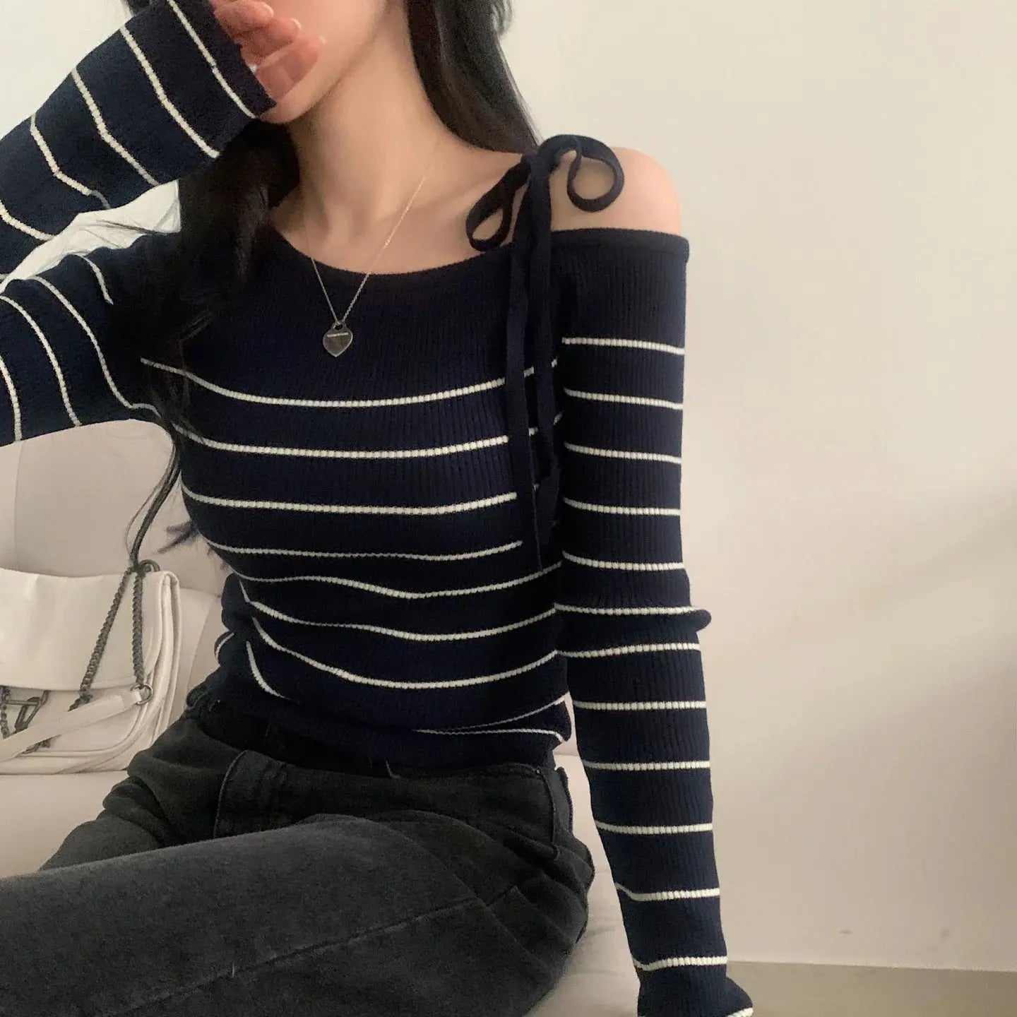 2026 New Women's Elegant Off-Shoulder Sweater T-Shirt Black White Striped with Adjustable Lace-Up Fall Winter Casual Chic Top luxecrown.co.uk