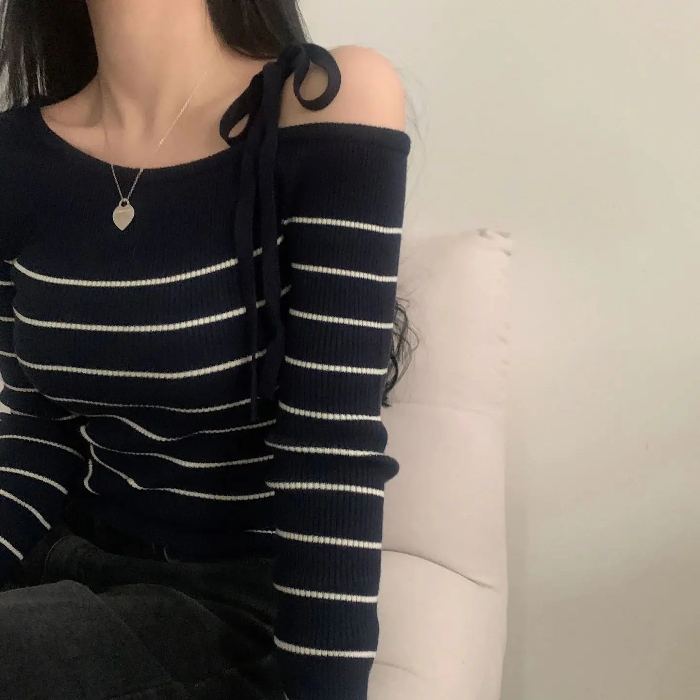 2026 New Women's Elegant Off-Shoulder Sweater T-Shirt Black White Striped with Adjustable Lace-Up Fall Winter Casual Chic Top luxecrown.co.uk