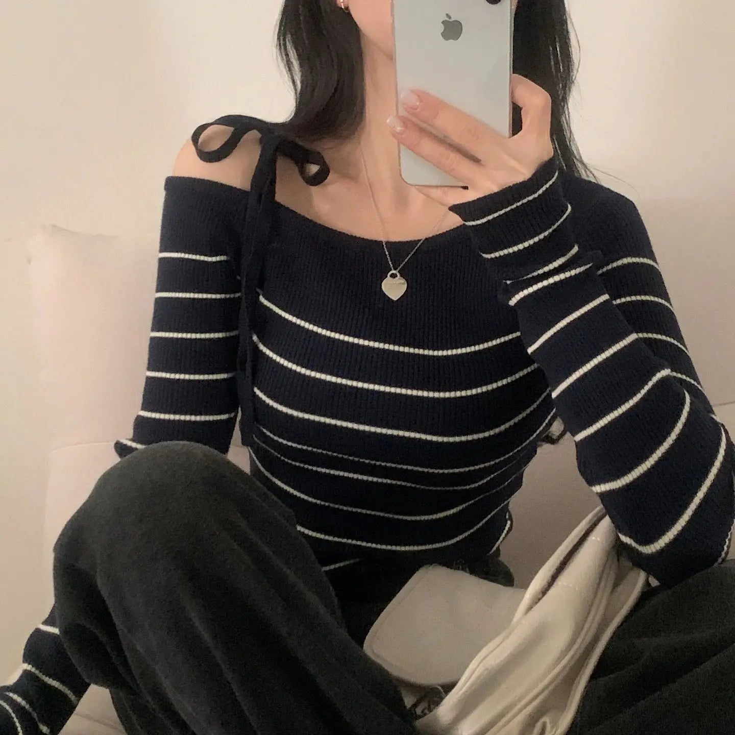 2026 New Women's Elegant Off-Shoulder Sweater T-Shirt Black White Striped with Adjustable Lace-Up Fall Winter Casual Chic Top luxecrown.co.uk