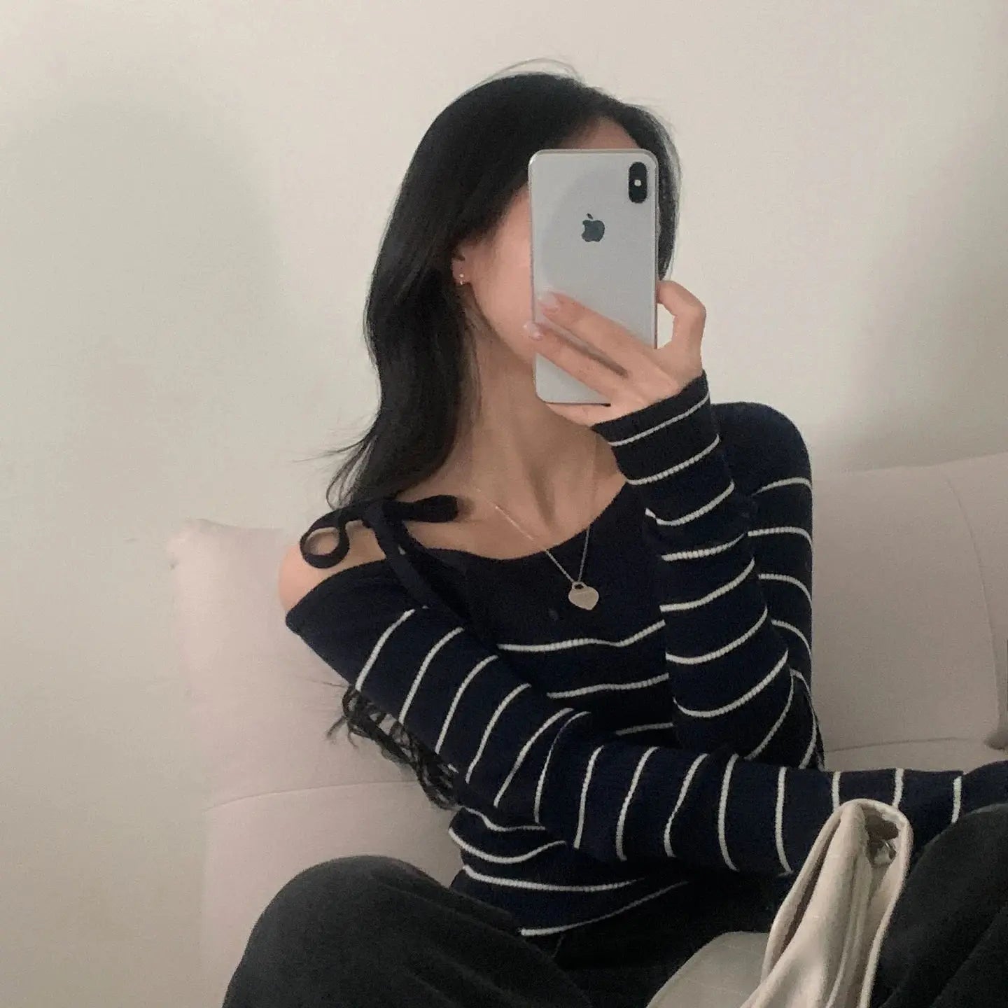 2026 New Women's Elegant Off-Shoulder Sweater T-Shirt Black White Striped with Adjustable Lace-Up Fall Winter Casual Chic Top luxecrown.co.uk