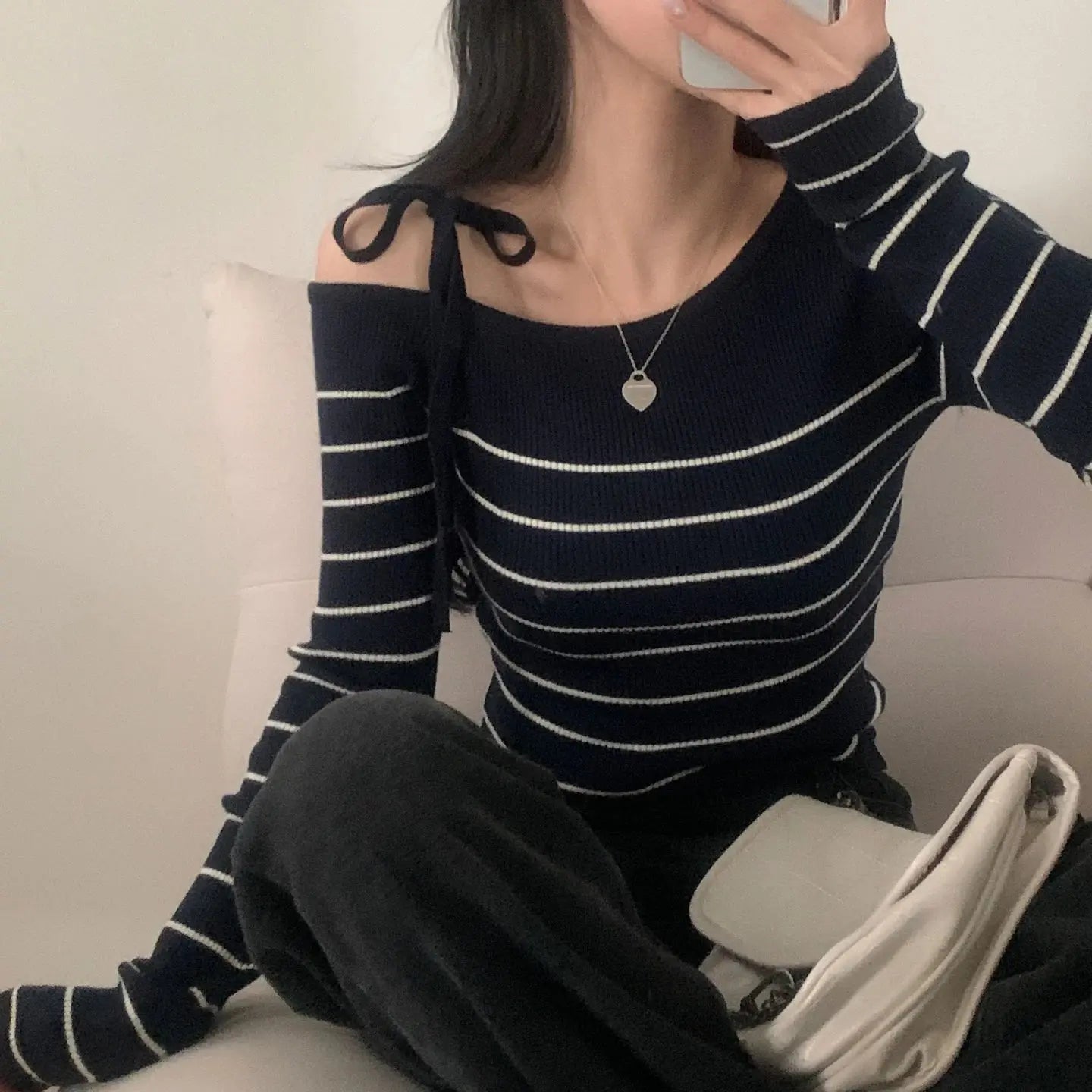 2026 New Women's Elegant Off-Shoulder Sweater T-Shirt Black White Striped with Adjustable Lace-Up Fall Winter Casual Chic Top luxecrown.co.uk