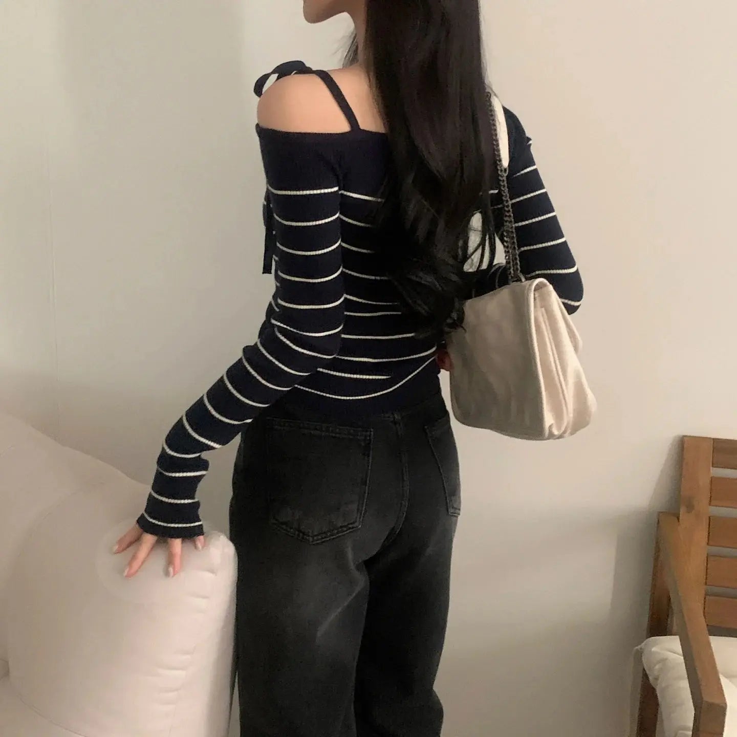 2026 New Women's Elegant Off-Shoulder Sweater T-Shirt Black White Striped with Adjustable Lace-Up Fall Winter Casual Chic Top luxecrown.co.uk