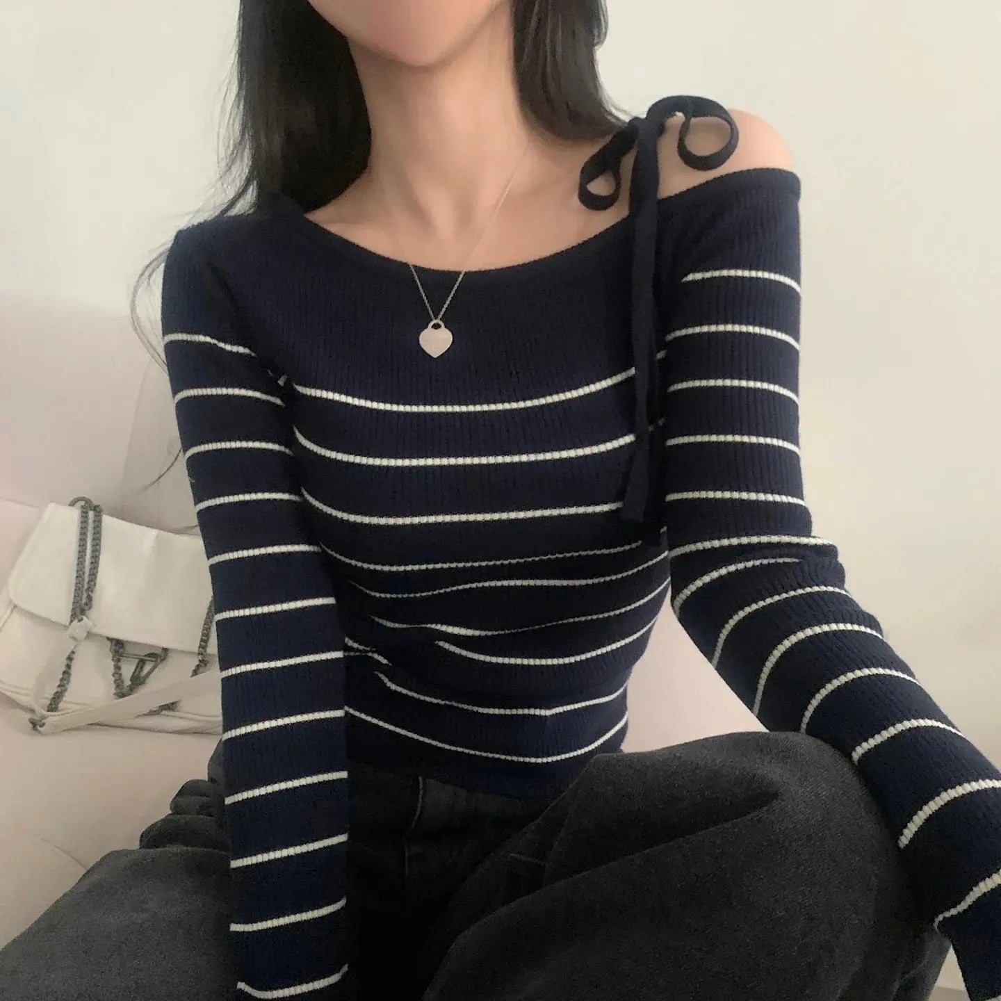 2026 New Women's Elegant Off-Shoulder Sweater T-Shirt Black White Striped with Adjustable Lace-Up Fall Winter Casual Chic Top luxecrown.co.uk