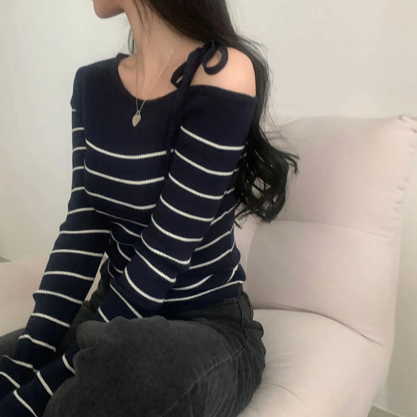 2026 New Women's Elegant Off-Shoulder Sweater T-Shirt Black White Striped with Adjustable Lace-Up Fall Winter Casual Chic Top luxecrown.co.uk