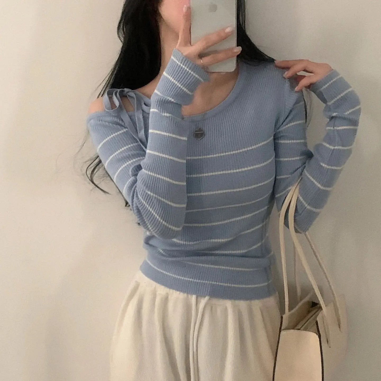 2026 New Women's Elegant Off-Shoulder Sweater T-Shirt Black White Striped with Adjustable Lace-Up Fall Winter Casual Chic Top luxecrown.co.uk