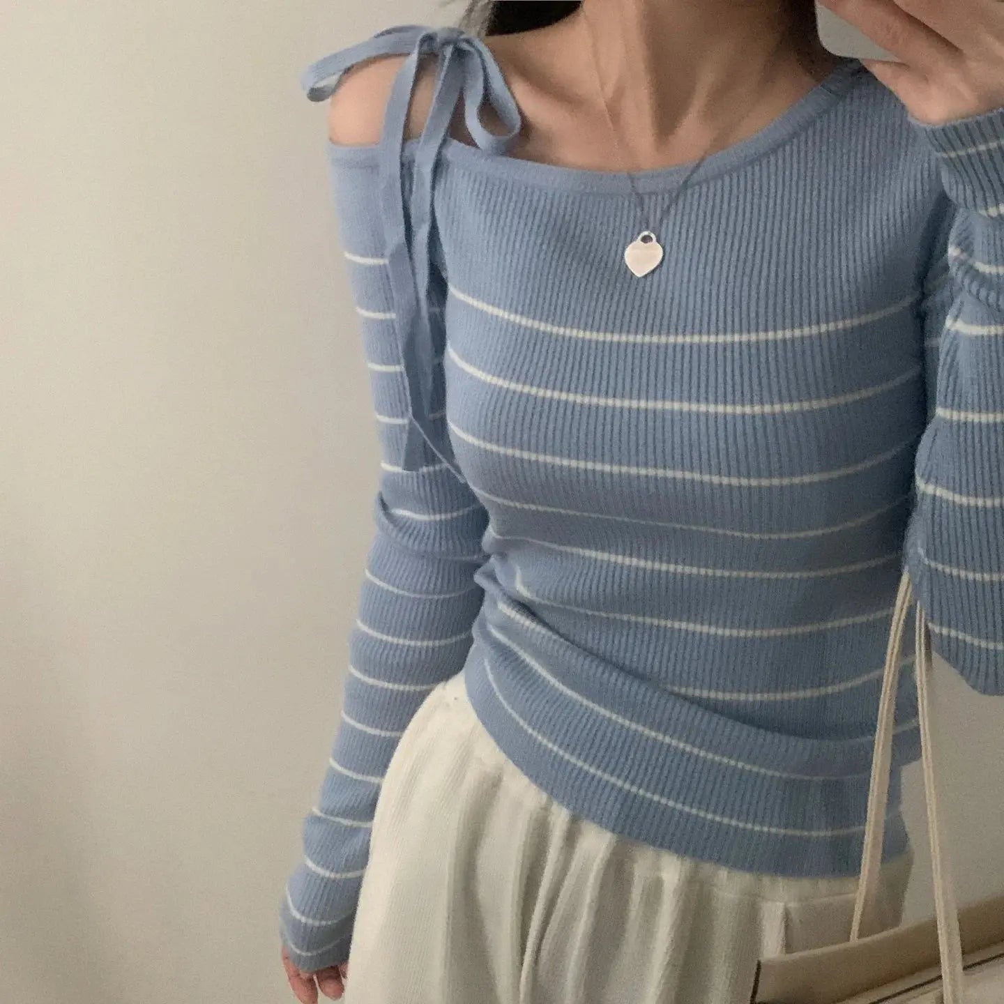2026 New Women's Elegant Off-Shoulder Sweater T-Shirt Black White Striped with Adjustable Lace-Up Fall Winter Casual Chic Top luxecrown.co.uk