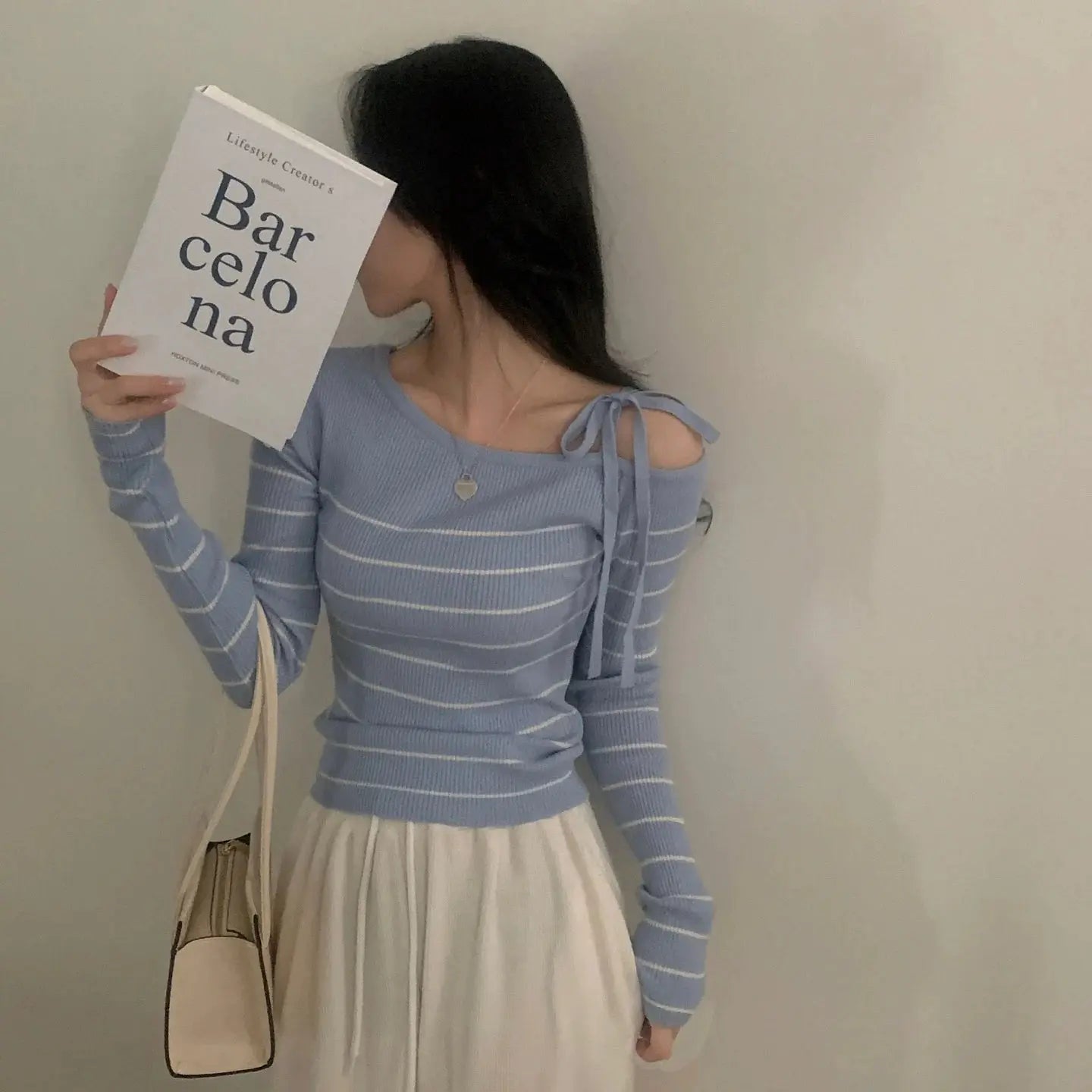 2026 New Women's Elegant Off-Shoulder Sweater T-Shirt Black White Striped with Adjustable Lace-Up Fall Winter Casual Chic Top luxecrown.co.uk