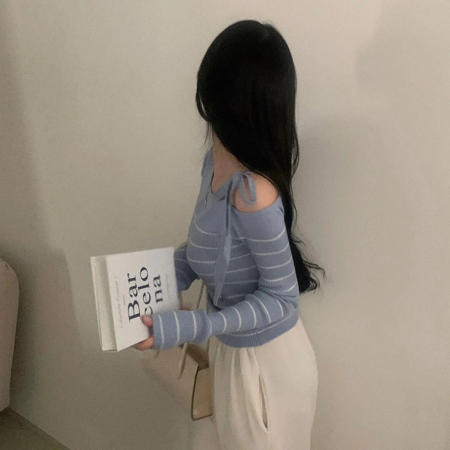 2026 New Women's Elegant Off-Shoulder Sweater T-Shirt Black White Striped with Adjustable Lace-Up Fall Winter Casual Chic Top luxecrown.co.uk