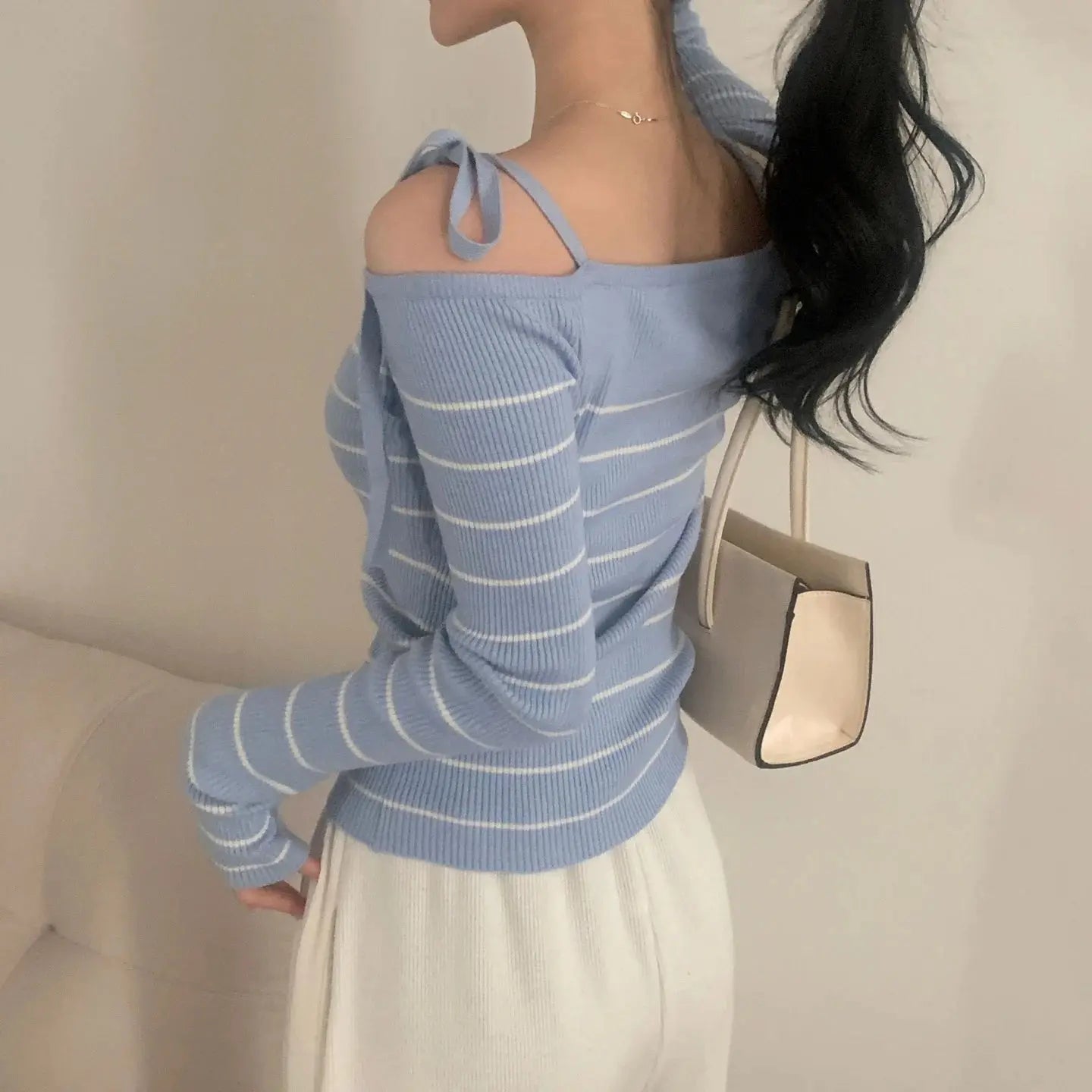 2026 New Women's Elegant Off-Shoulder Sweater T-Shirt Black White Striped with Adjustable Lace-Up Fall Winter Casual Chic Top luxecrown.co.uk
