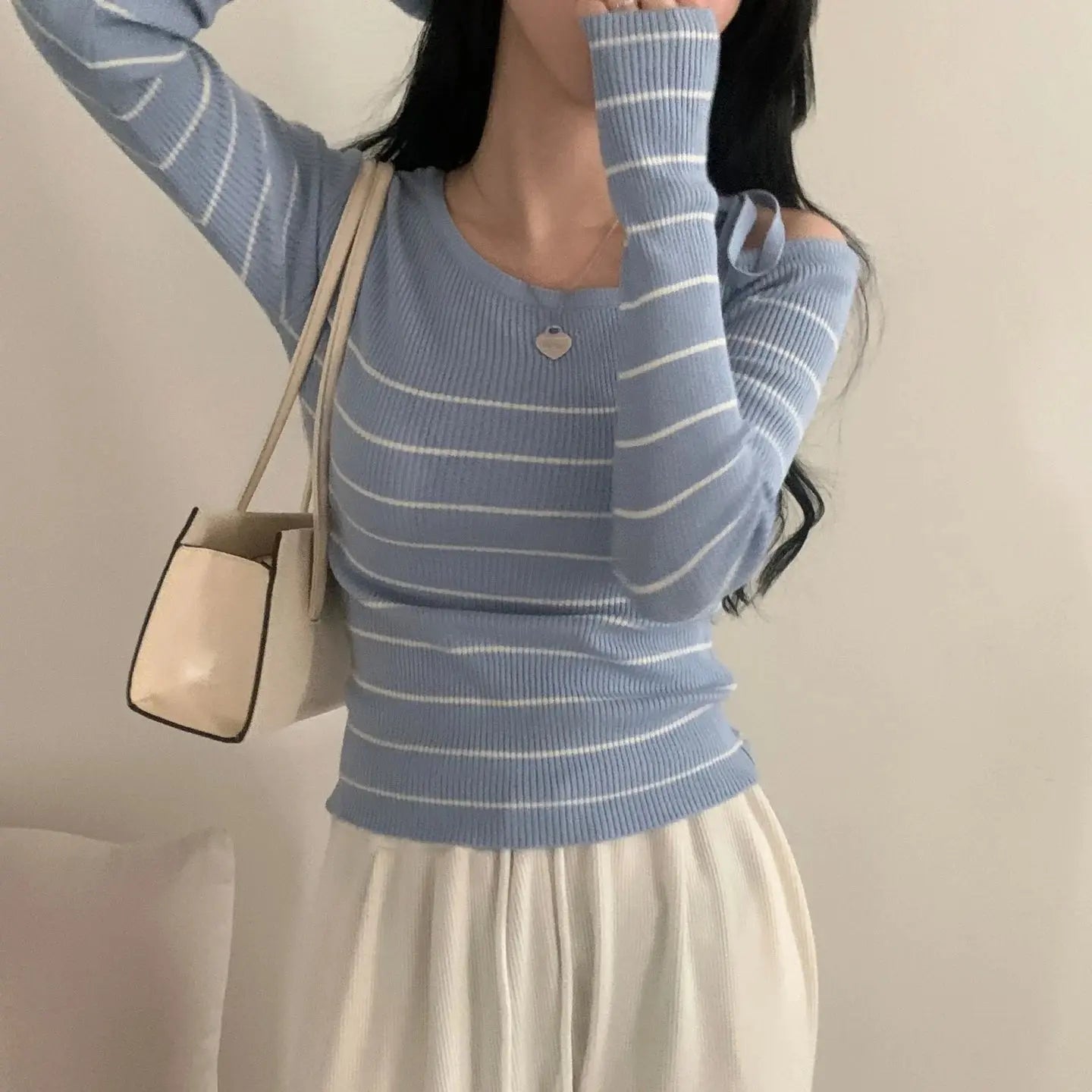 2026 New Women's Elegant Off-Shoulder Sweater T-Shirt Black White Striped with Adjustable Lace-Up Fall Winter Casual Chic Top luxecrown.co.uk