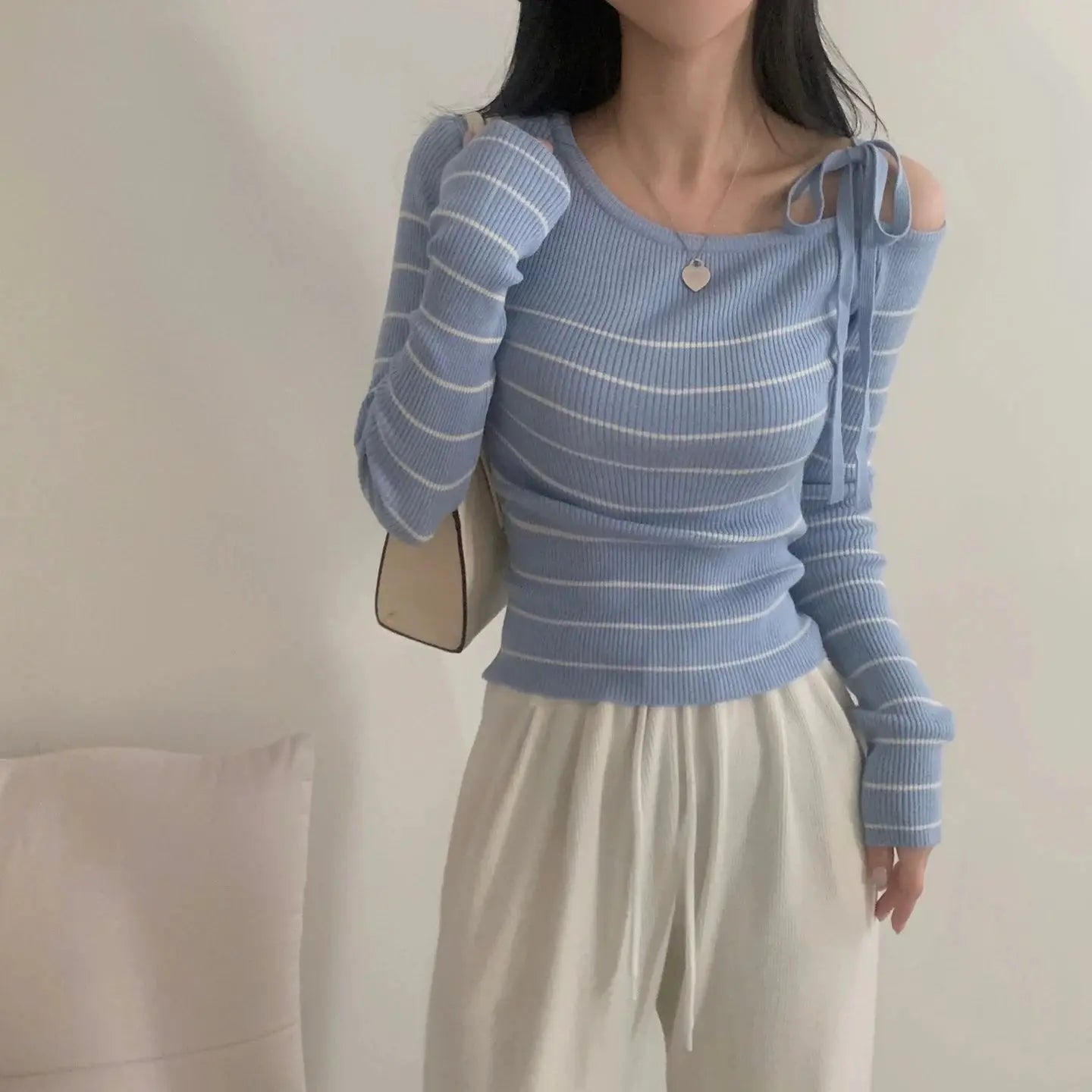 2026 New Women's Elegant Off-Shoulder Sweater T-Shirt Black White Striped with Adjustable Lace-Up Fall Winter Casual Chic Top luxecrown.co.uk