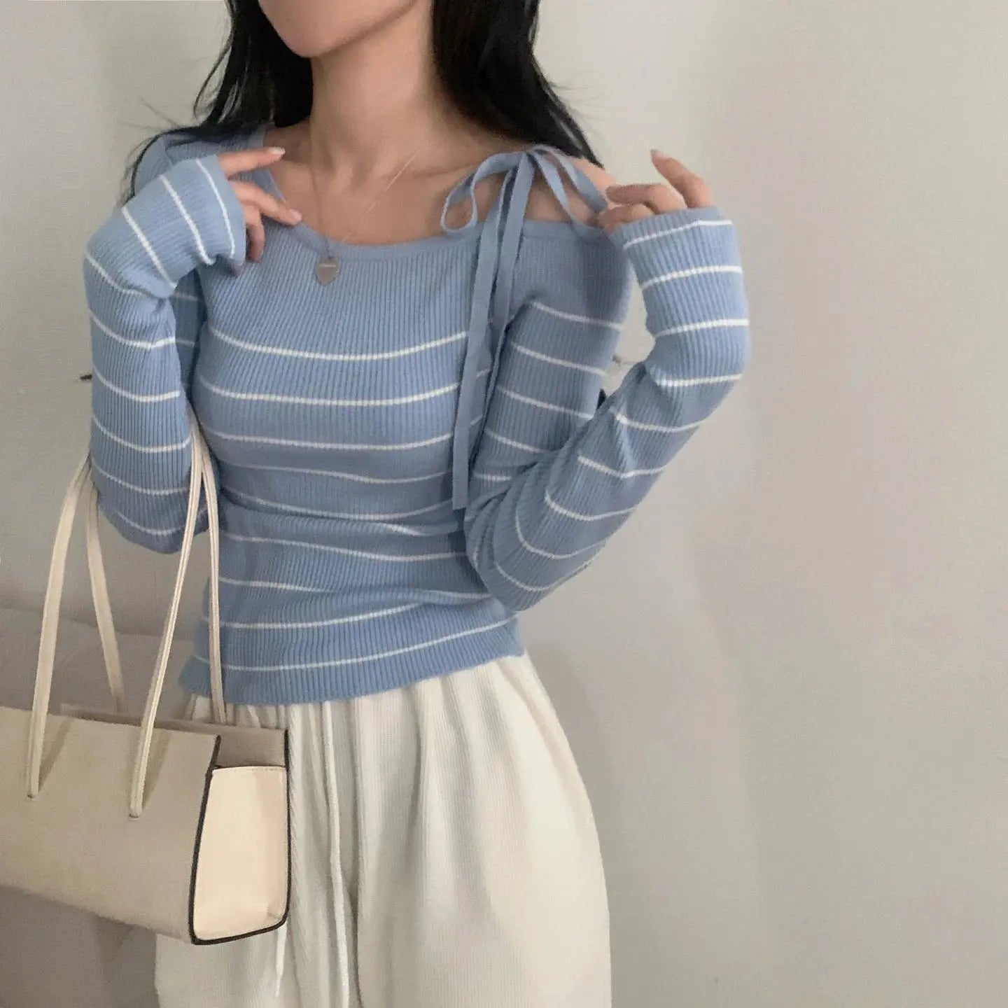 2026 New Women's Elegant Off-Shoulder Sweater T-Shirt Black White Striped with Adjustable Lace-Up Fall Winter Casual Chic Top luxecrown.co.uk
