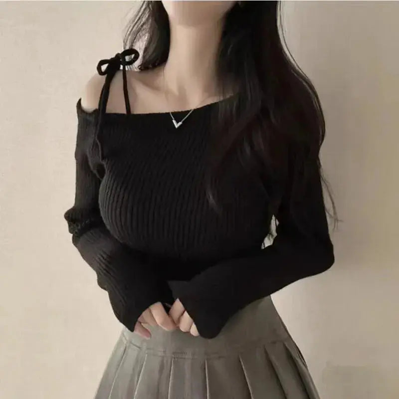 2026 New Women's Elegant Off-Shoulder Sweater T-Shirt Black White Striped with Adjustable Lace-Up Fall Winter Casual Chic Top luxecrown.co.uk