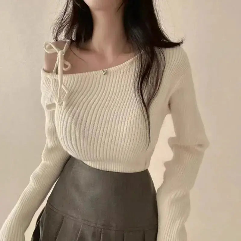 2026 New Women's Elegant Off-Shoulder Sweater T-Shirt Black White Striped with Adjustable Lace-Up Fall Winter Casual Chic Top luxecrown.co.uk