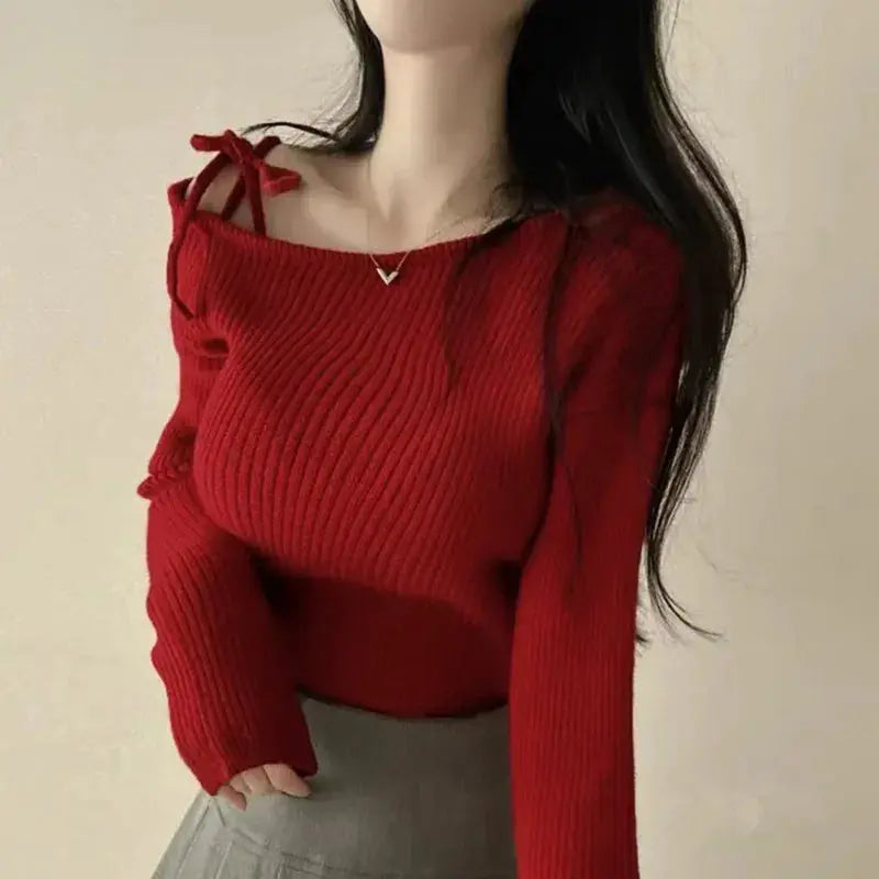 2026 New Women's Elegant Off-Shoulder Sweater T-Shirt Black White Striped with Adjustable Lace-Up Fall Winter Casual Chic Top luxecrown.co.uk
