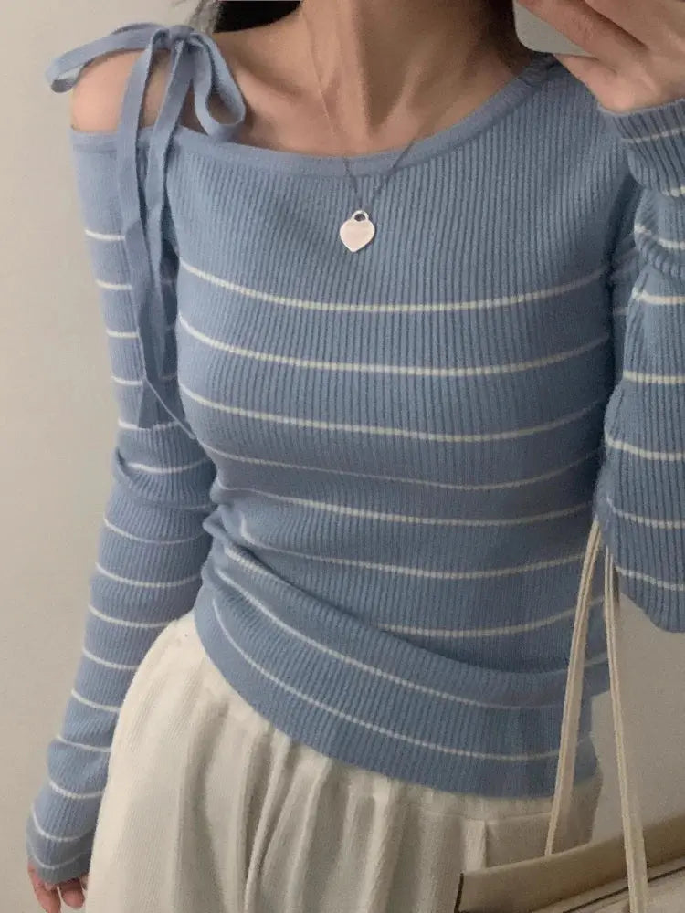 2026 New Women's Elegant Off-Shoulder Sweater T-Shirt Black White Striped with Adjustable Lace-Up Fall Winter Casual Chic Top luxecrown.co.uk