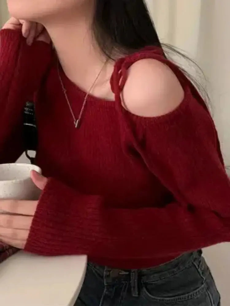 2026 New Women's Elegant Off-Shoulder Sweater T-Shirt Black White Striped with Adjustable Lace-Up Fall Winter Casual Chic Top luxecrown.co.uk
