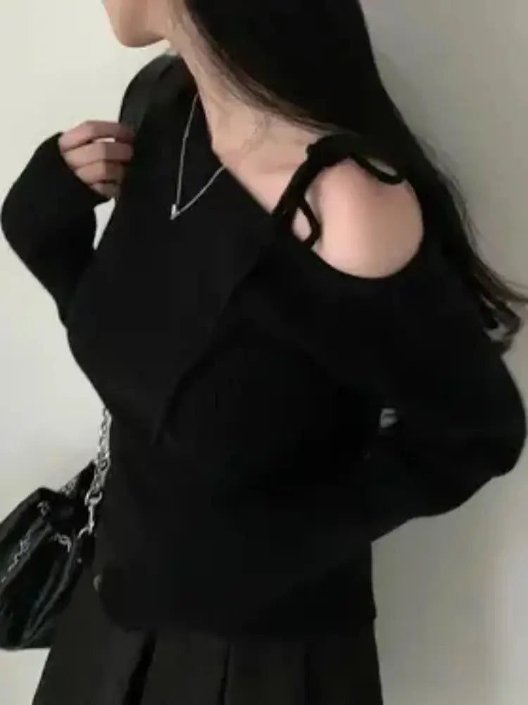 2026 New Women's Elegant Off-Shoulder Sweater T-Shirt Black White Striped with Adjustable Lace-Up Fall Winter Casual Chic Top luxecrown.co.uk