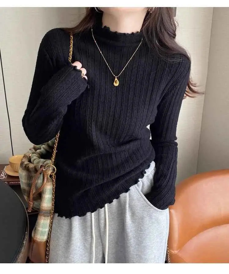 2026 Ruched Turtleneck Women Sweaters Autumn Winter Warm Pullover Slim Tops Knitted Sweater Jumper Soft Pull Female