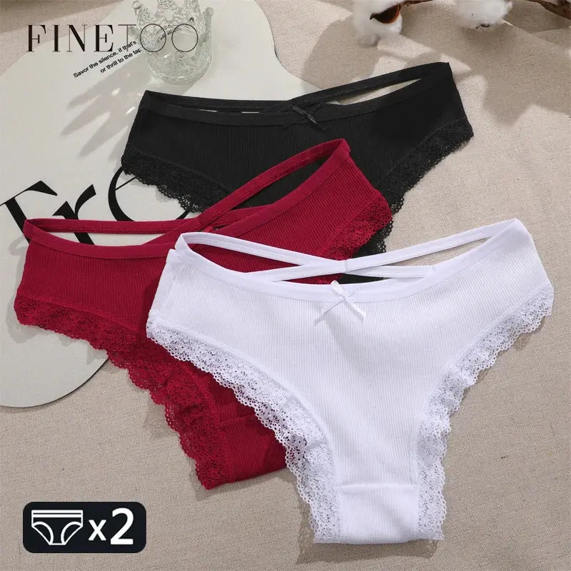 2PCS Cotton Panties for Women Sexy Lace Brazilian Briefs Female Low-Waist Cross Webbing Underpants Stretch Breathable Intimates luxecrown.co.uk
