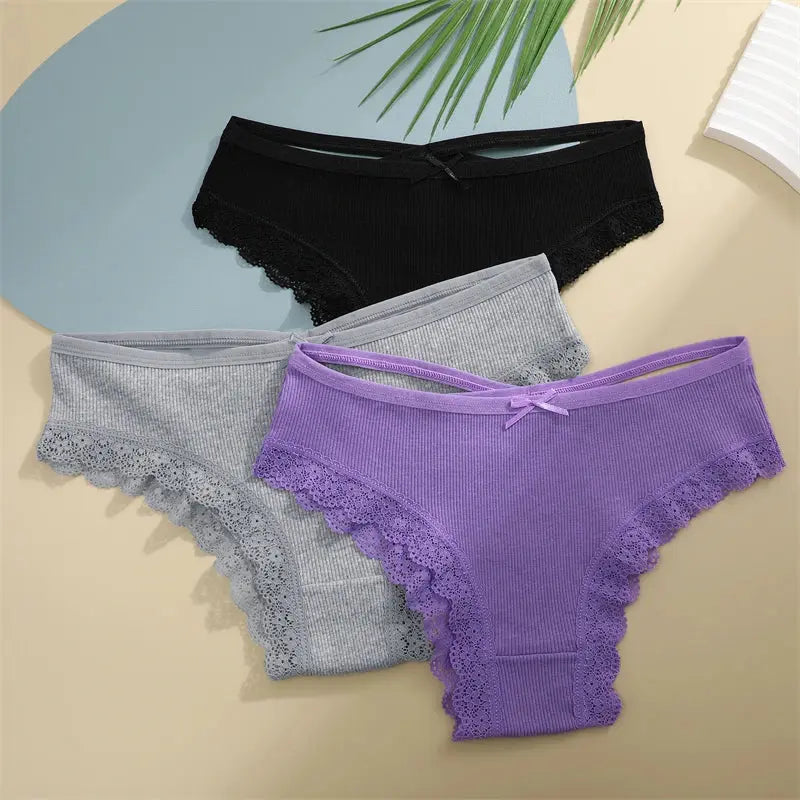 2PCS Cotton Panties for Women Sexy Lace Brazilian Briefs Female Low-Waist Cross Webbing Underpants Stretch Breathable Intimates luxecrown.co.uk