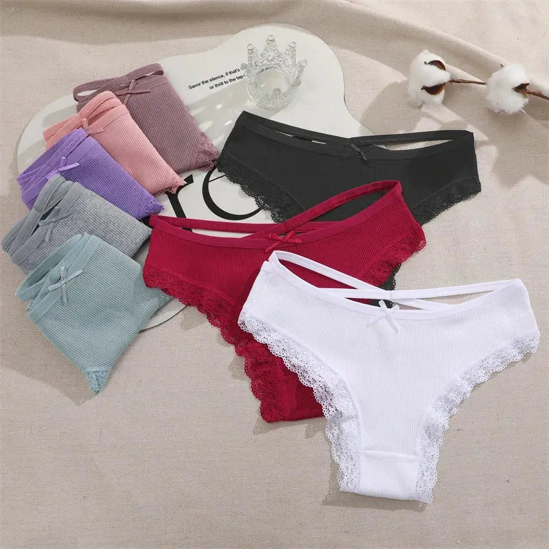 2PCS Cotton Panties for Women Sexy Lace Brazilian Briefs Female Low-Waist Cross Webbing Underpants Stretch Breathable Intimates luxecrown.co.uk