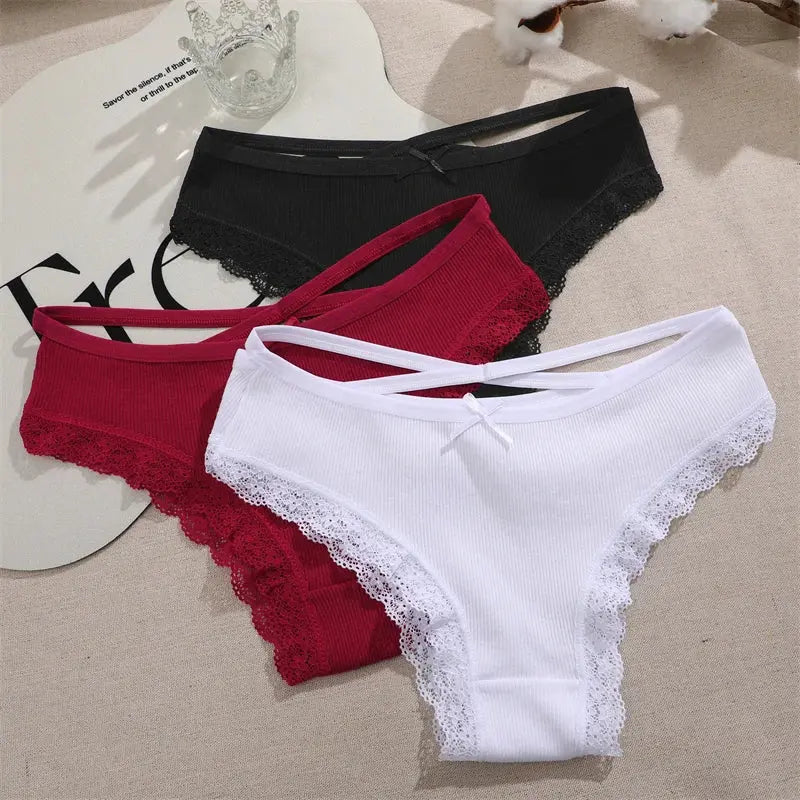 2PCS Cotton Panties for Women Sexy Lace Brazilian Briefs Female Low-Waist Cross Webbing Underpants Stretch Breathable Intimates luxecrown.co.uk