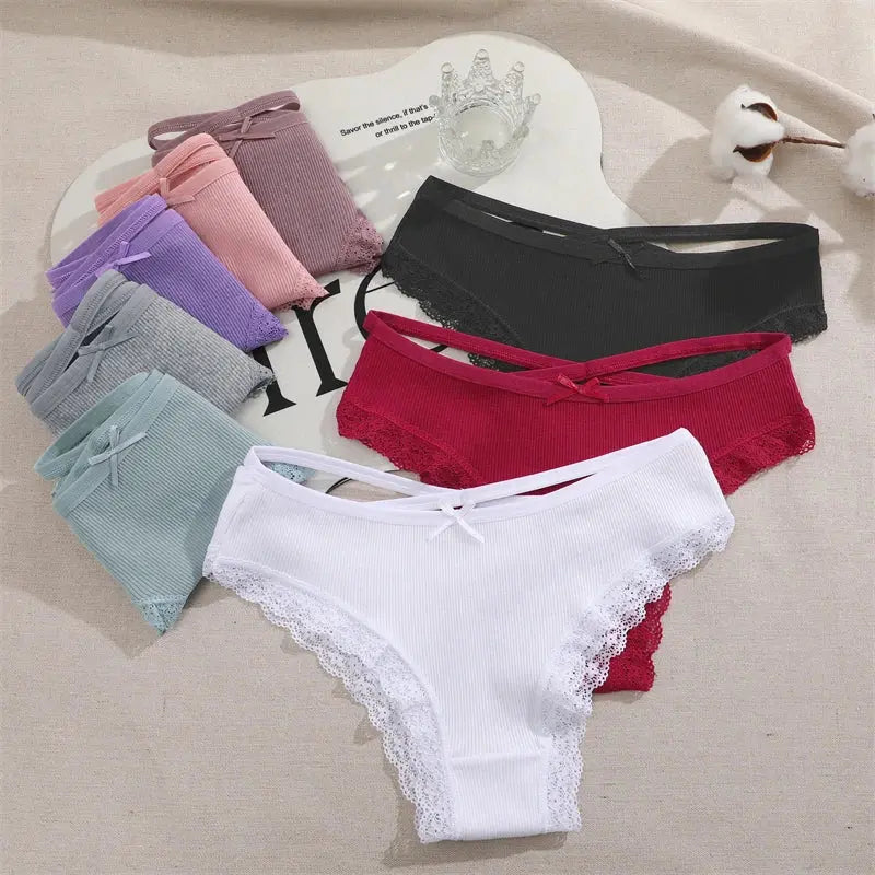 2PCS Cotton Panties for Women Sexy Lace Brazilian Briefs Female Low-Waist Cross Webbing Underpants Stretch Breathable Intimates luxecrown.co.uk