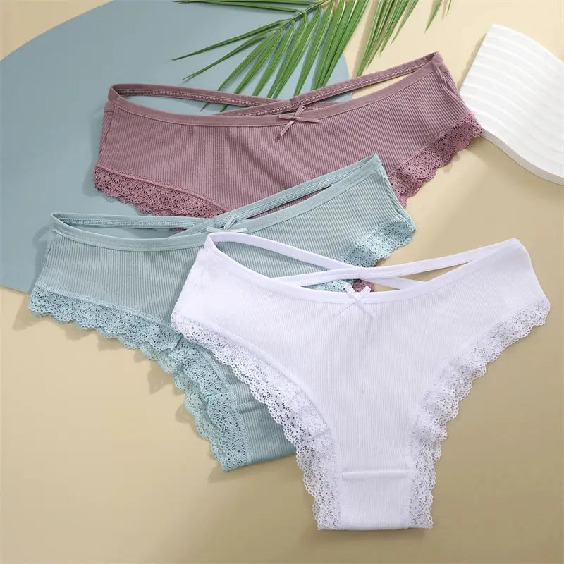2PCS Cotton Panties for Women Sexy Lace Brazilian Briefs Female Low-Waist Cross Webbing Underpants Stretch Breathable Intimates luxecrown.co.uk