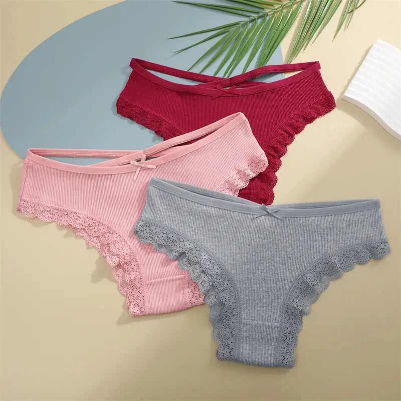 2PCS Cotton Panties for Women Sexy Lace Brazilian Briefs Female Low-Waist Cross Webbing Underpants Stretch Breathable Intimates luxecrown.co.uk
