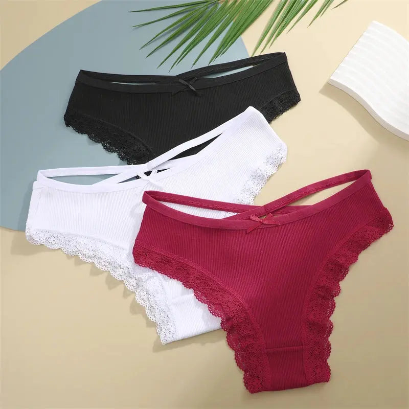 2PCS Cotton Panties for Women Sexy Lace Brazilian Briefs Female Low-Waist Cross Webbing Underpants Stretch Breathable Intimates luxecrown.co.uk