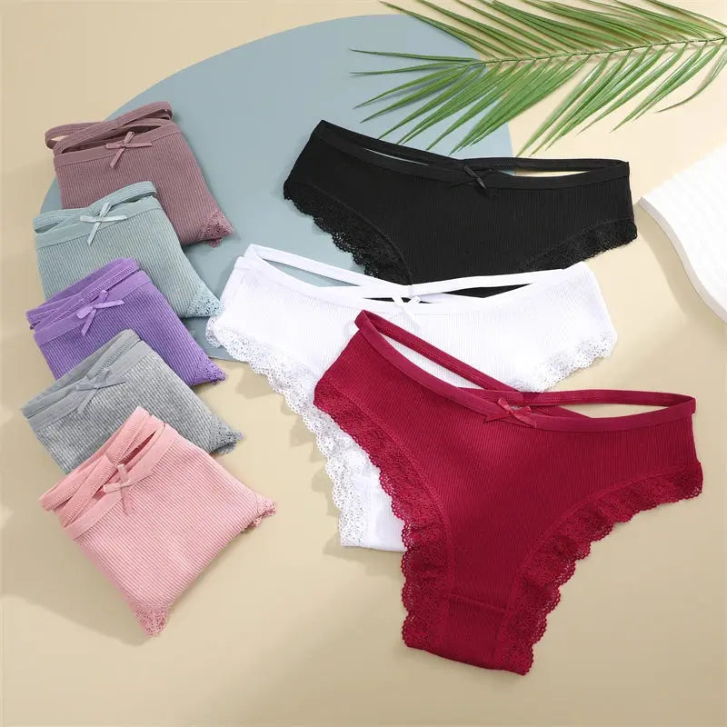2PCS Cotton Panties for Women Sexy Lace Brazilian Briefs Female Low-Waist Cross Webbing Underpants Stretch Breathable Intimates luxecrown.co.uk