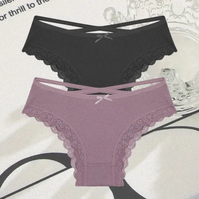 2PCS Cotton Panties for Women Sexy Lace Brazilian Briefs Female Low-Waist Cross Webbing Underpants Stretch Breathable Intimates luxecrown.co.uk