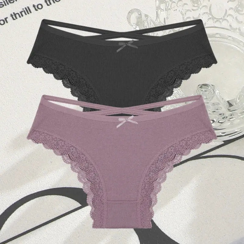 2PCS Cotton Panties for Women Sexy Lace Brazilian Briefs Female Low-Waist Cross Webbing Underpants Stretch Breathable Intimates luxecrown.co.uk