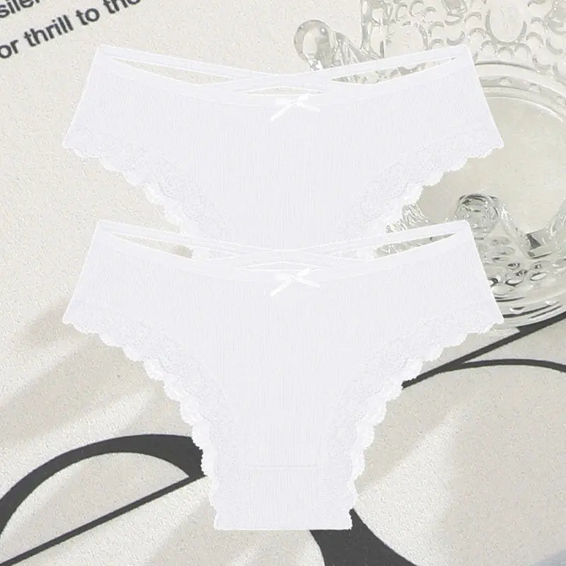 2PCS Cotton Panties for Women Sexy Lace Brazilian Briefs Female Low-Waist Cross Webbing Underpants Stretch Breathable Intimates luxecrown.co.uk