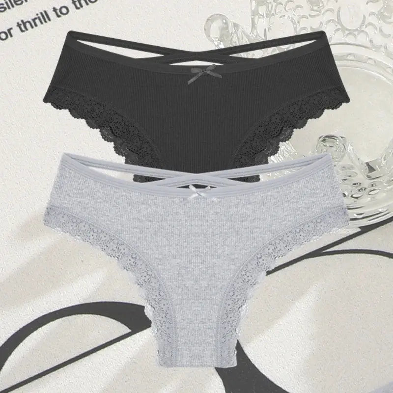 2PCS Cotton Panties for Women Sexy Lace Brazilian Briefs Female Low-Waist Cross Webbing Underpants Stretch Breathable Intimates luxecrown.co.uk