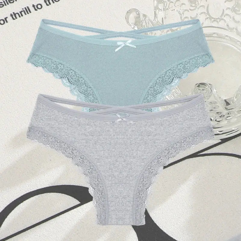 2PCS Cotton Panties for Women Sexy Lace Brazilian Briefs Female Low-Waist Cross Webbing Underpants Stretch Breathable Intimates luxecrown.co.uk