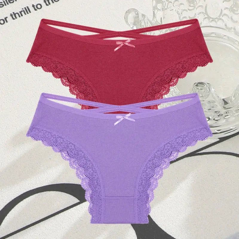2PCS Cotton Panties for Women Sexy Lace Brazilian Briefs Female Low-Waist Cross Webbing Underpants Stretch Breathable Intimates luxecrown.co.uk