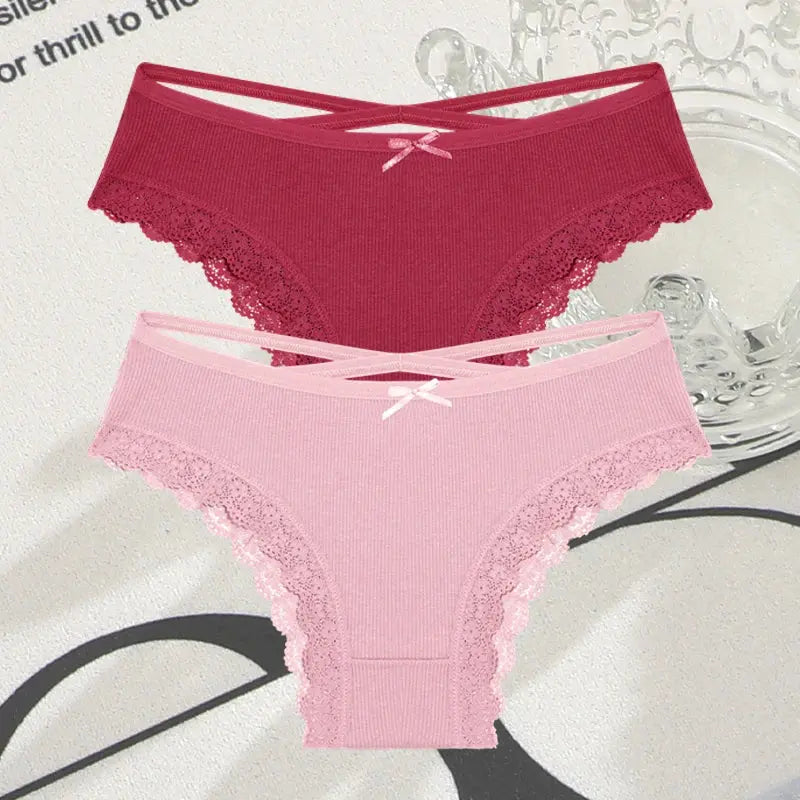 2PCS Cotton Panties for Women Sexy Lace Brazilian Briefs Female Low-Waist Cross Webbing Underpants Stretch Breathable Intimates luxecrown.co.uk