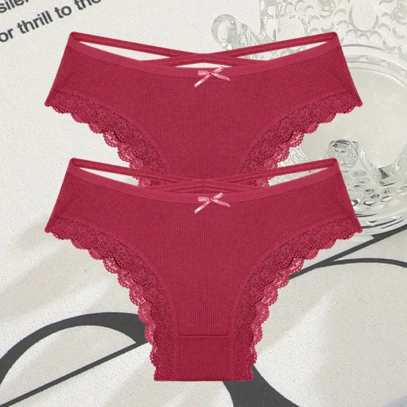 2PCS Cotton Panties for Women Sexy Lace Brazilian Briefs Female Low-Waist Cross Webbing Underpants Stretch Breathable Intimates luxecrown.co.uk