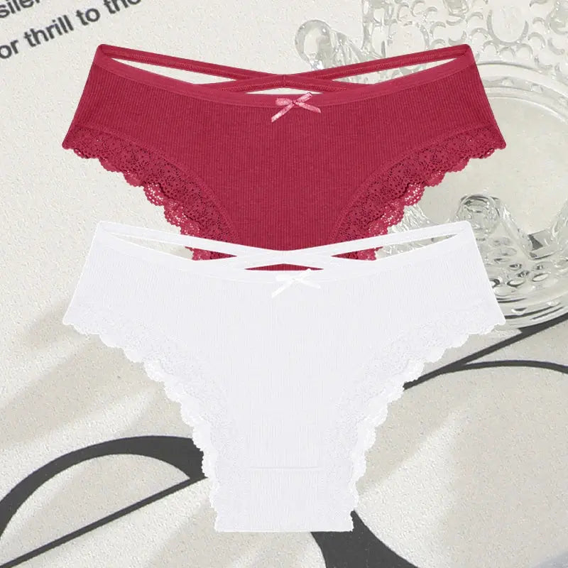 2PCS Cotton Panties for Women Sexy Lace Brazilian Briefs Female Low-Waist Cross Webbing Underpants Stretch Breathable Intimates luxecrown.co.uk