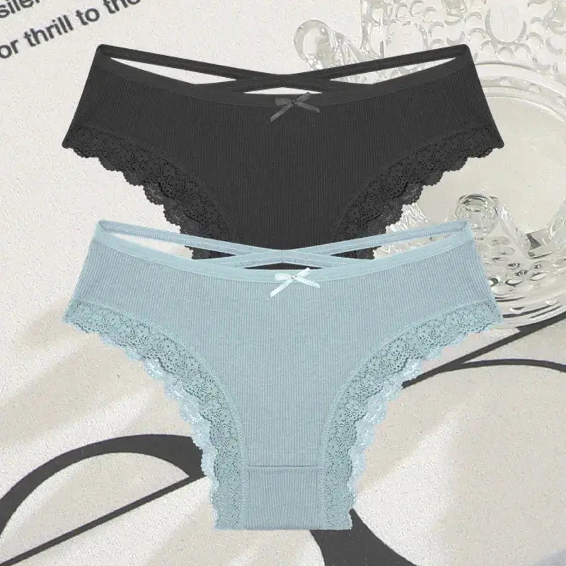 2PCS Cotton Panties for Women Sexy Lace Brazilian Briefs Female Low-Waist Cross Webbing Underpants Stretch Breathable Intimates luxecrown.co.uk