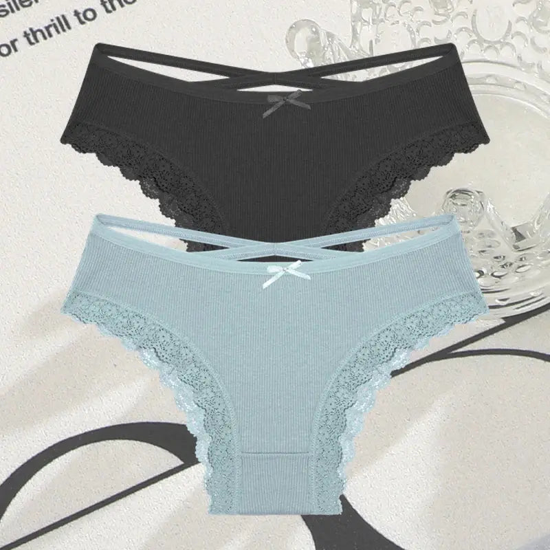 2PCS Cotton Panties for Women Sexy Lace Brazilian Briefs Female Low-Waist Cross Webbing Underpants Stretch Breathable Intimates luxecrown.co.uk