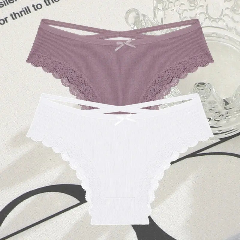 2PCS Cotton Panties for Women Sexy Lace Brazilian Briefs Female Low-Waist Cross Webbing Underpants Stretch Breathable Intimates luxecrown.co.uk