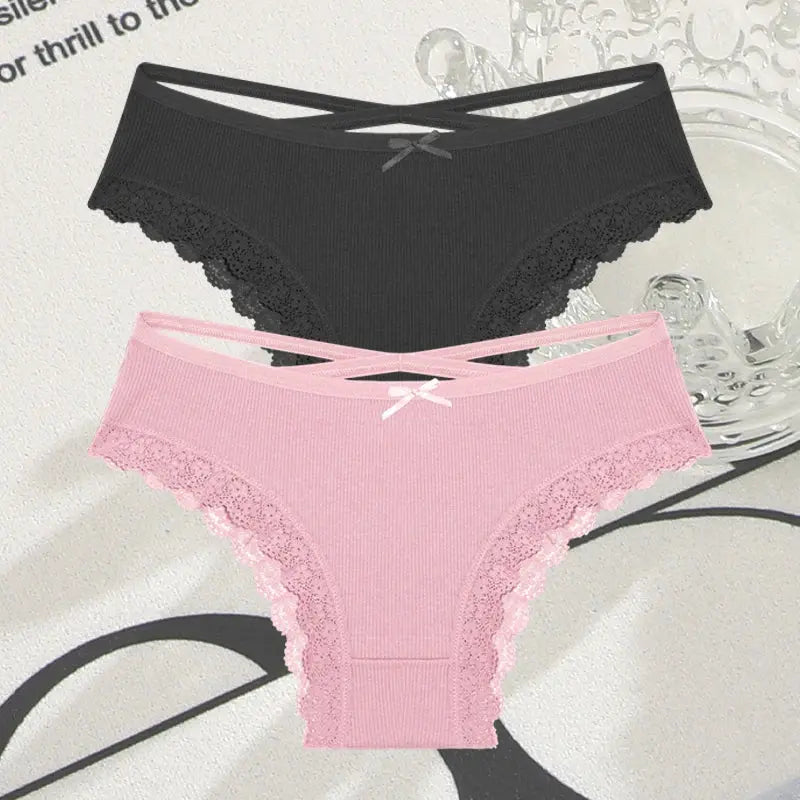 2PCS Cotton Panties for Women Sexy Lace Brazilian Briefs Female Low-Waist Cross Webbing Underpants Stretch Breathable Intimates luxecrown.co.uk