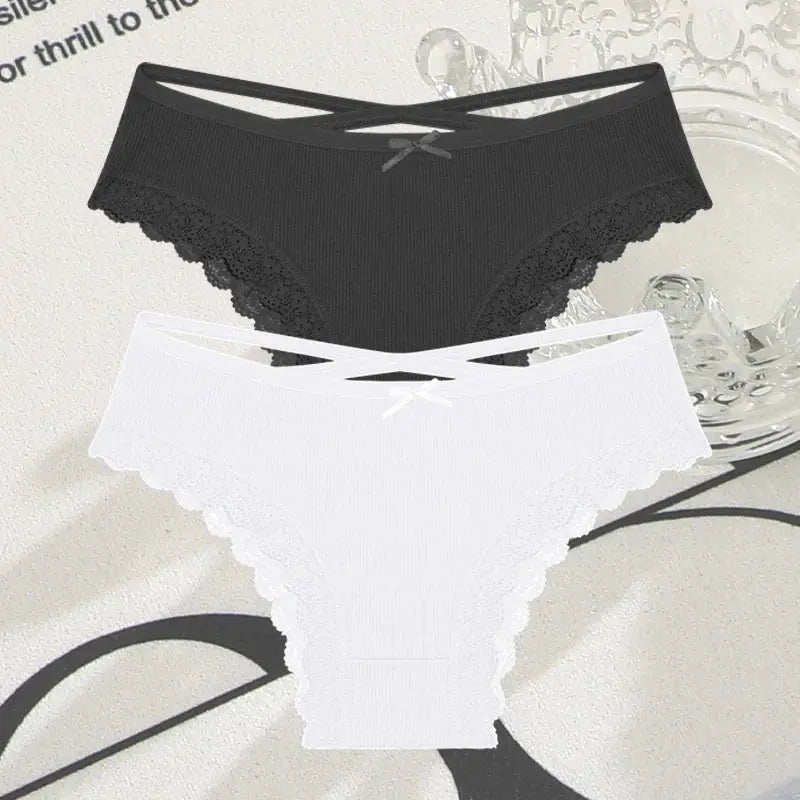2PCS Cotton Panties for Women Sexy Lace Brazilian Briefs Female Low-Waist Cross Webbing Underpants Stretch Breathable Intimates luxecrown.co.uk