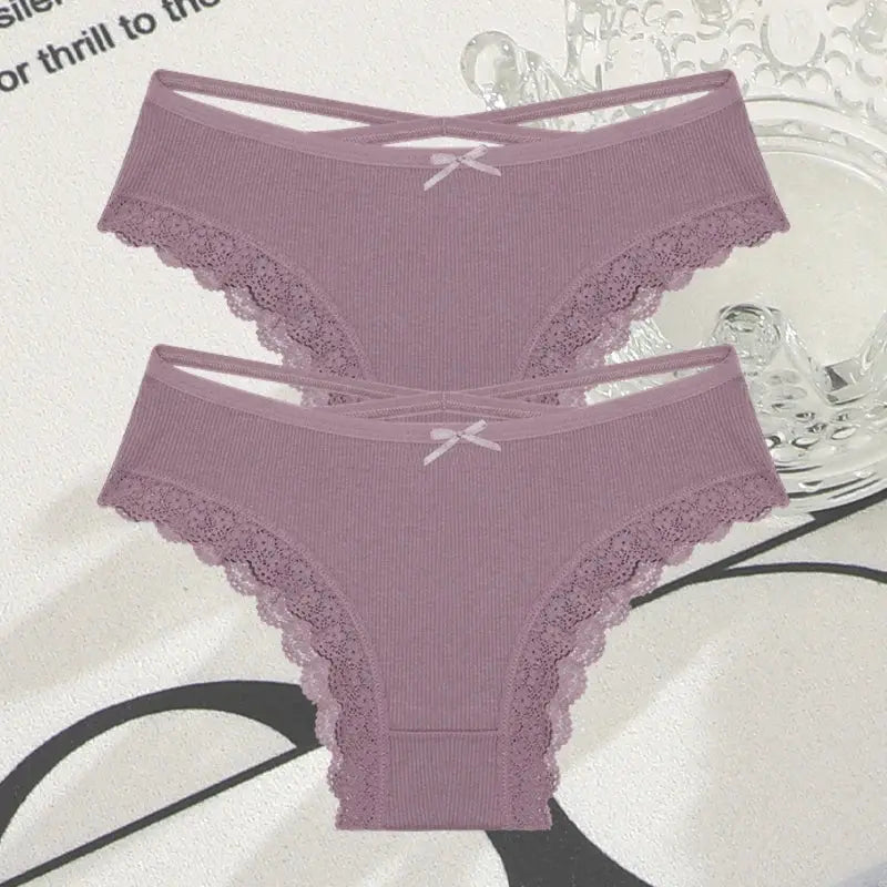 2PCS Cotton Panties for Women Sexy Lace Brazilian Briefs Female Low-Waist Cross Webbing Underpants Stretch Breathable Intimates luxecrown.co.uk