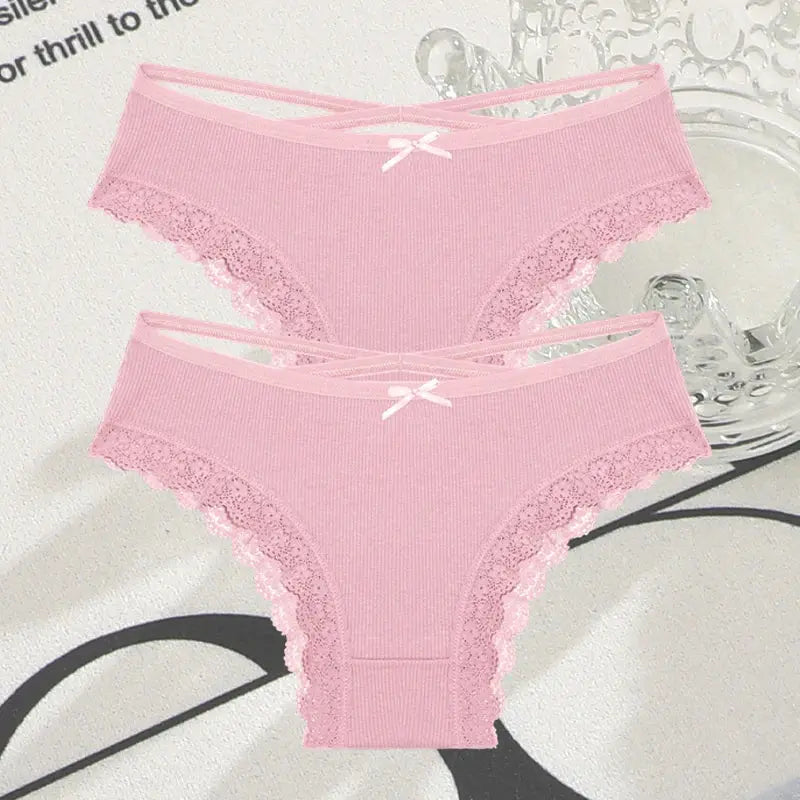 2PCS Cotton Panties for Women Sexy Lace Brazilian Briefs Female Low-Waist Cross Webbing Underpants Stretch Breathable Intimates luxecrown.co.uk